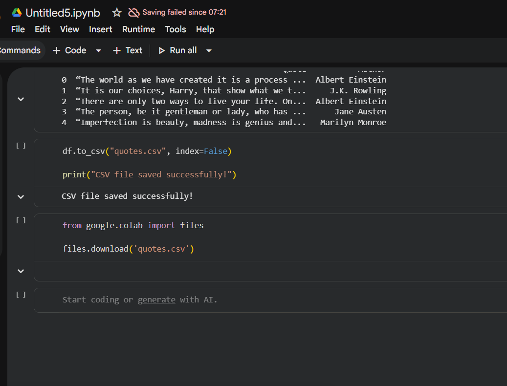 AkshayPal07's tweet photo. Day 7 of my Machine Learning journey 🚀

Today I learned Web Scraping using Python:
✅ Requests
✅ BeautifulSoup
✅ HTML Parsing
✅ Data Extraction
✅ Pandas DataFrames
✅ CSV Export
Built a mini project by scraping quotes and author data from a website. https://t.co/obnj8720Ff