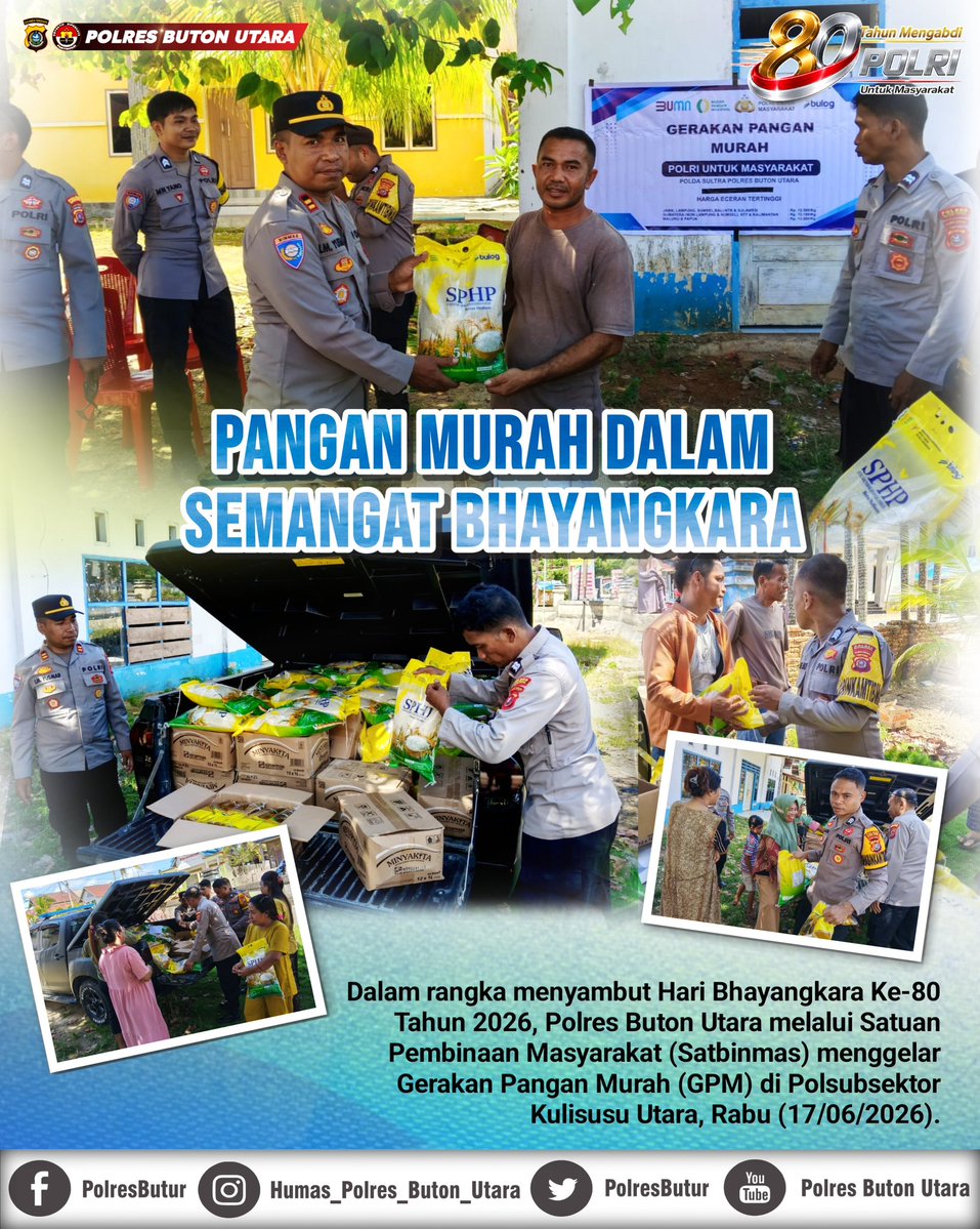 PolresButur's tweet photo. Sambut Hari Bhayangkara Ke-80, Polres Buton Utara Gelar Gerakan Pangan Murah 
.
.
#HariBhayangkara80 #PolriUntukMasyarakat #SatbinmasPolresButur #GerakanPanganMurah #PolriPeduli #PolresButur #PolisiIndonesia #PolisiHumanisPresisi #DivhumasPolri #BidhumasPoldaSultra https://t.co/mtD8nLCI4o