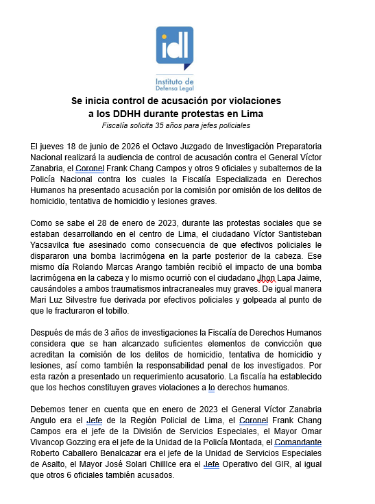 IDL_Rivera's tweet photo. Mañana se inicia control de acusación en caso de delitos contra los DDHH perpetrados durante las protestas en Lima, en enero 2023. La @FiscaliaPeru solicita penas de hasta 35 años contra Gral. Víctor Zanabria y otros jefes de la Policía Nacional por homicidio y otros delitos https://t.co/XK8naM8RV4