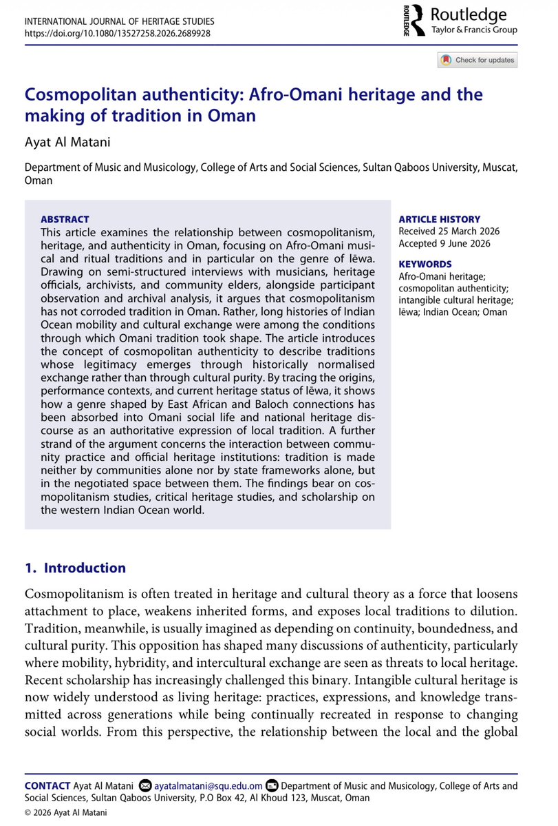 AyatMatani's tweet photo. I am pleased to share that my article, “Cosmopolitan Authenticity: Afro-Omani Heritage and the Making of Tradition in Oman,” has recently been published in the Q1-indexed journal.
The article explores Afro-Omani heritage, cosmopolitan authenticity.
DOI: https://t.co/nB2FzoI20R https://t.co/YgTL3rcn3a