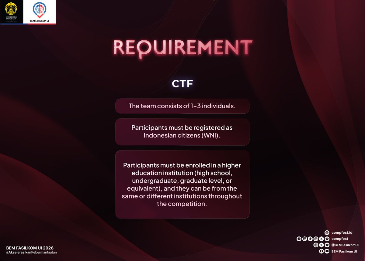 COMPFEST's tweet photo. CTF (Capture The Flag) adalah kompetisi yang bertujuan untuk mengasah kemampuan problem solving para penggemar keamanan siber. Tantangan yang diberikan dirancang untuk menyerupai permasalahan nyata di dunia cybersecurity.

🖇️Persyaratan Peserta:
Tim terdiri dari 1–3 orang
Seluruh peserta merupakan Warga Negara Indonesia (WNI)
Peserta sedang terdaftar sebagai siswa SMA/sederajat ataupun mahasiswa S1/D3/Sederajat
Anggota tim boleh berasal dari institusi yang sama maupun berbeda sepanjang kompetisi berlangsung

📩Benefit:
Compete among large community
Classes and live sessions
Free certificates

🎁Hadiah:
Champion: Rp7.000.000,-
1st Runner Up: Rp4.500.000,-
2nd Runner Up: Rp2.500.000,-
Honorable Mention (2): Rp1.000.000,-

Biaya Pendaftaran:
CTF: Rp60.000,-(Batch 1), Rp100.000,- (Batch 2)

📌 Gabung Discord: https://t.co/zlNJHNZckg
Join the battle, break the code, and capture the flag!
@COMPFEST
https://t.co/KP6KwxGKnc
#EncloseTheGap
#COMPFEST18