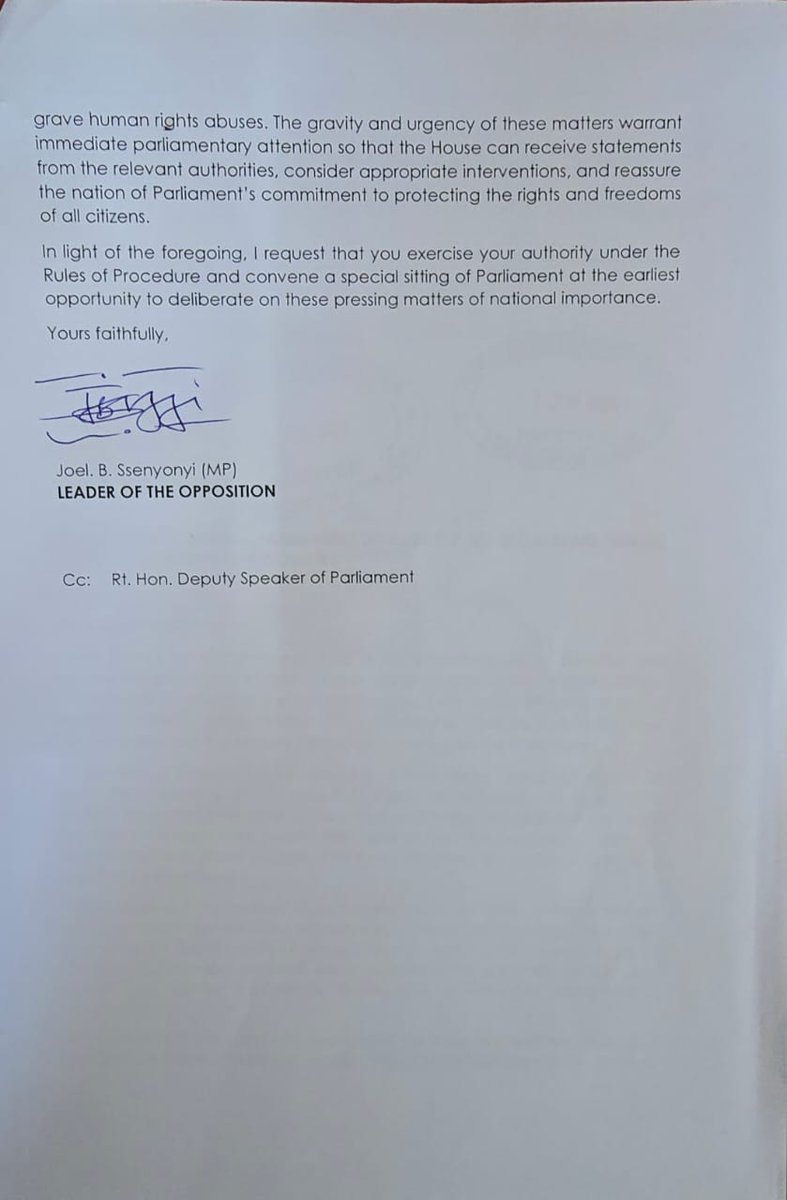 ntvuganda's tweet photo. UPDATE:Leader of Opposition Joel Ssenyonyi has written to the Speaker of Parliament requesting the reconvening of the House to debate alleged human rights violations.
#NTVNews https://t.co/aEVqhl7mT7