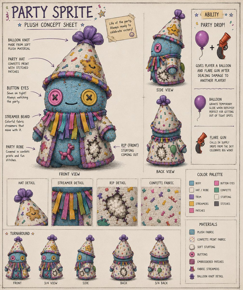 RealLootyFruity's tweet photo. 🎈 My #DesignASprite entry: Party Sprite! 🎈

A cheerful plush sprite that lives for celebrations, covered in confetti, streamers, and party magic. After dealing damage, it rewards players with a Balloon and a Flare Gun to keep the party going! 🥳✨

#Fortnite https://t.co/0ErKMxtPu1