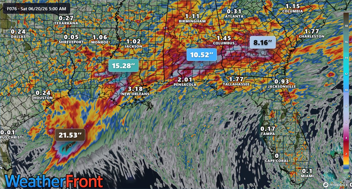 WxFront's tweet photo. Tropical Storm #Arthur is the first named storm of 2026 in the Atlantic Basin.

The main impacts from this storm will be dangerous flooding from heavy rainfall along the Gulf Coast. Several hi-res models paint isolated totals over a FOOT of rain through the end of the week. https://t.co/uzOWYTYVb3