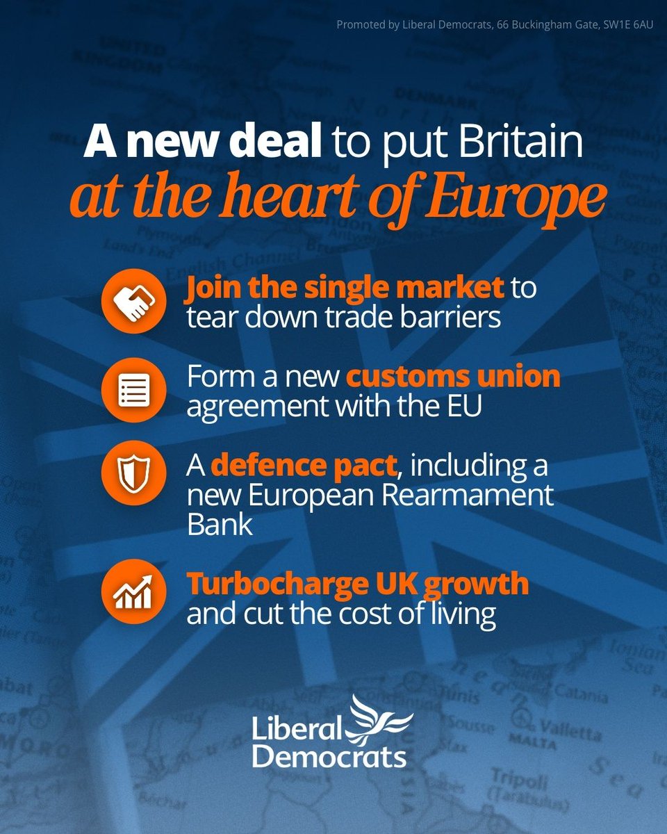 LibDems's tweet photo. Today, we are calling for a bold new deal with Europe that will make Britain richer, safer, and stronger.

A Customs Union. Taking Britain back into the Single Market. Tearing down barriers to trade. 

It’s time to end the chaos of the Conservative Brexit experiment, and put Britain back at the heart of Europe.