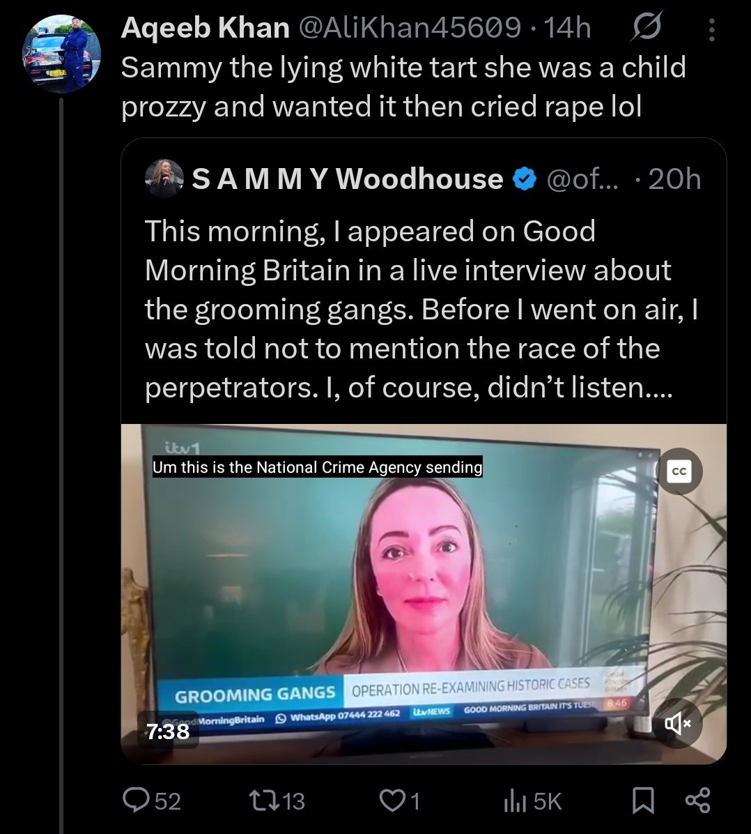 MrNChance's tweet photo. Aqeeb Khan deleted his account after some patriots found his address. He was threatening rape gang victims and calling them "child prozzys" 

In this climate, it's not a good idea to threaten to pay a home visit to rape victims if they don't shut their mouths. https://t.co/L0ilR3GY18