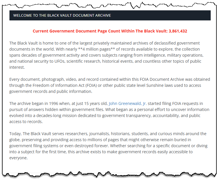 theblackvault's tweet photo. As of today, The Black Vault currently has 3,861,432 pages of government documents online and available to download for free on nearly every government secret you can think of.

Enjoy! https://t.co/xbvw31uEIV