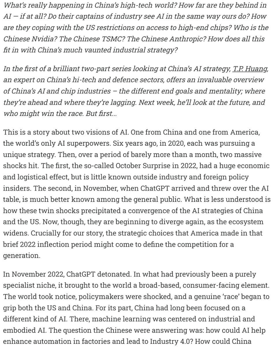 admcollingwood's tweet photo. Super interesting essay from @tphuang. He looks at the trans-Pacific AI race, starting with an overview of the hi-tech situation in China. I found this extremely informative, given my general ignorance about what's *really* going in in Chinese industry. Must read. Link next post. https://t.co/3UQ7lxdOaj