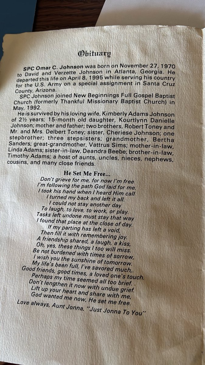 ar4star's tweet photo. @AzRepGillette @ICEgov @BuffaloSoldierA 
@BorderPatrolHQ  
reaching out in hopes of getting recognition of a departed @iiiarmoredcorps Soldier 
 whom had died while supporting a Border mission in &amp; around Nogales 31 years ago.
Specialist Omar Johnson 74th Engineer Co. AFB,R https://t.co/s4iOYoIMjd