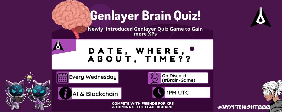 cryptonighteee's tweet photo. Here's my entry for the @GenLayer
Brain-Game special quest design Contest! 

The AI &amp; Blockchain Quiz as now been rebranded to Genlayer brain Game which means more fun and competition.

↠ Event is every Wednesday, 1PM UTC.
↠ Venue: Discord (Genlayer Brain-game).

be there! https://t.co/Qc7ucsm7JK