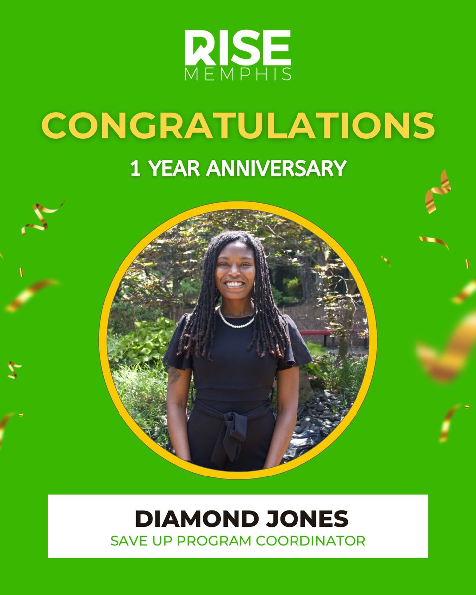 RISEMemphis's tweet photo. Join us in celebrating Diamond Jones, our SAVE Up Program Coordinator, on her 1 Year Anniversary with RISE Memphis! 🎉

Diamond shows up for our participants and our mission every single day — and we are so grateful to have her on our team. Here’s to you, Diamond! 💚 https://t.co/GPVZN0Wo1S