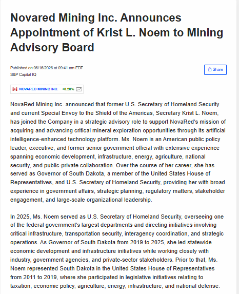 BrandaoJeisson's tweet photo. THE MARKET IS STARTING TO SEE WHY THIS ADVISER NEWS MATTERS.

Question:

How many junior miners can connect copper, AI and national security in one headline?

$NRED just did it.

Kristi L. Noem joins $NRED as Advisor.

Former U.S. Secretary of Homeland Security.

Former South Dakota Governor.

Trump cabinet-level name.

Now plug that into NovaRed:

Wilmac gives the copper-gold project.

MetalCore gives the AI data engine.

Noem gives the Washington-level strategic layer.

That is the full setup.

Price is pressing near C$1.90, and that level matters.

Above it, C$2.00 gets psychological.

C$2.15 becomes momentum.

C$3.25 stays my larger target map.

$NRED / $NREDF

The views and opinions expressed are those of the author and do not necessarily reflect the official policy or position of any organization.

$SPCX $MARA $BYND $GLW