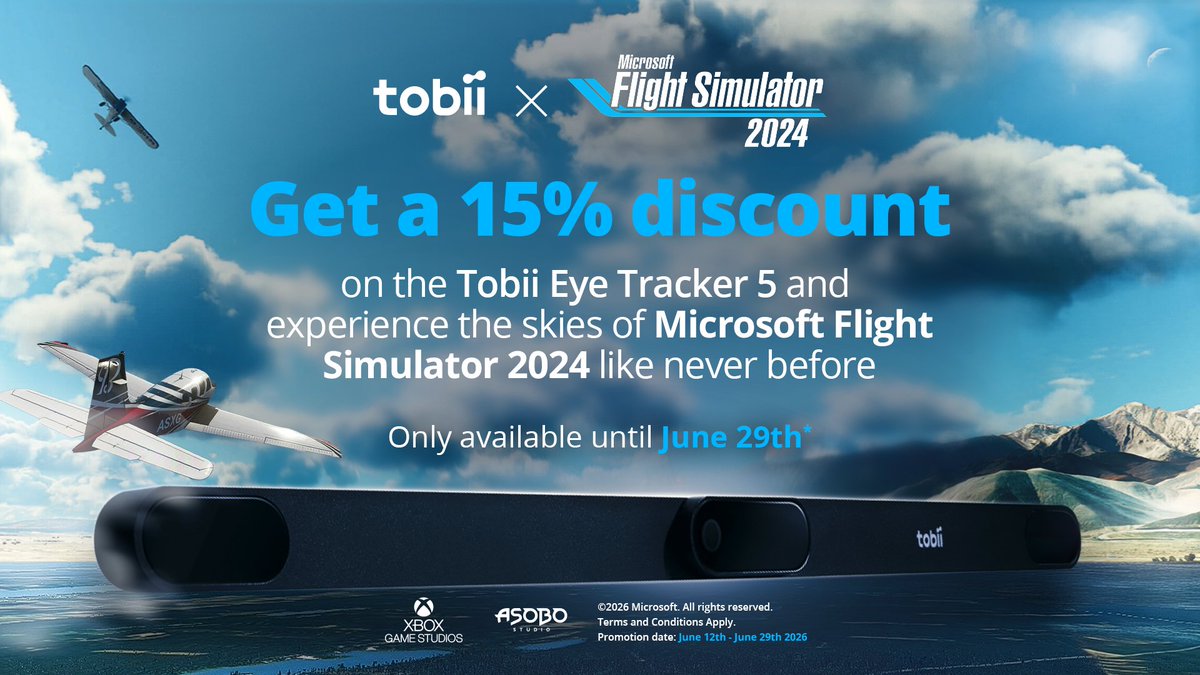 tobiigaming's tweet photo. MSFS2024 sessions in need of an upgrade? The Tobii Eye Tracker 5 is 15% off until June 29th! 🔥

Enjoy hands‑free head and eye tracking for a more immersive cockpit experience 

🛒 Catch the deal: https://t.co/luBeBcjhve https://t.co/gTyfNuHQsy