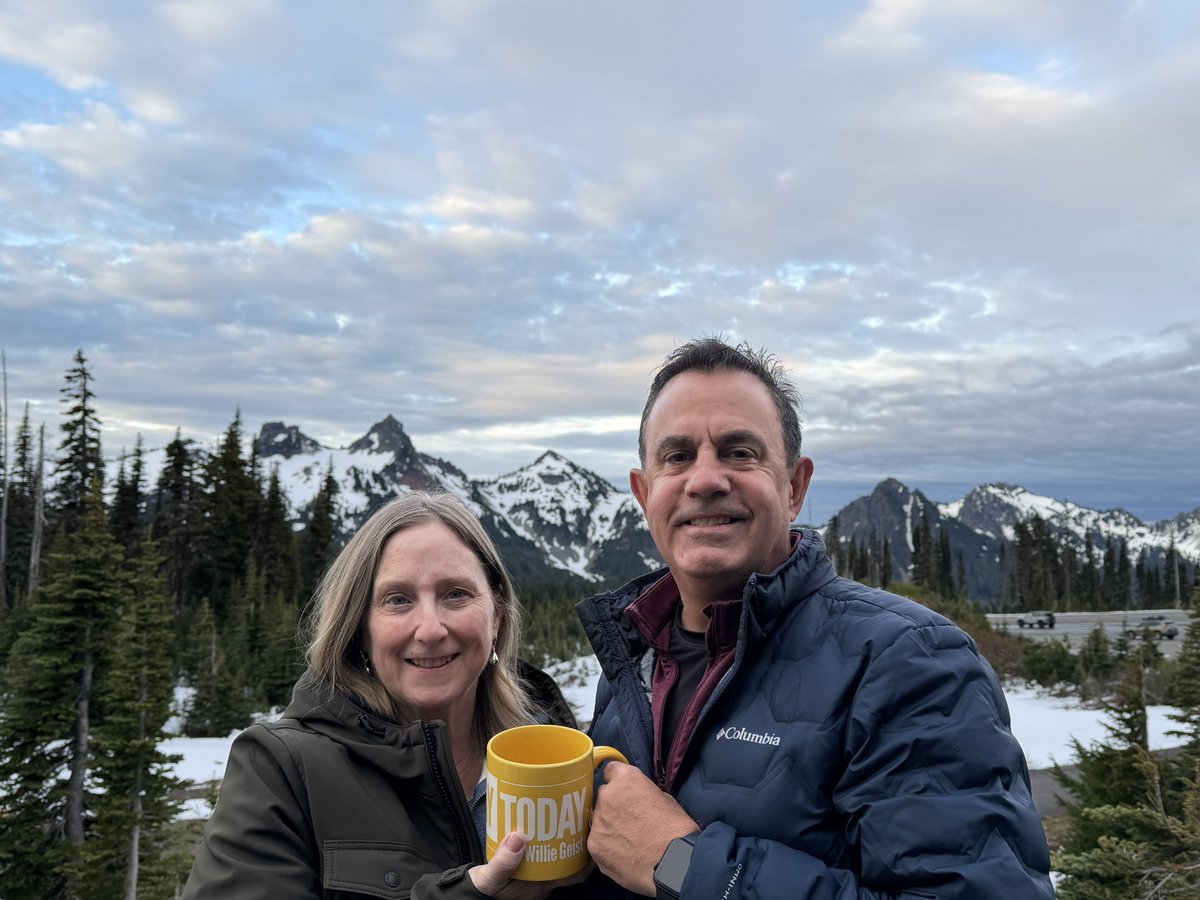 matawan's tweet photo. Celebrating 30 years of marriage on top of the world! 🏔️, we visited 4 incredible national parks, wrapping up our tour right here at Mount Rainier. Cheers from Tom and Loren Dempsey from Long Island, NY.
@WillieGeist @SundayToday
#SundayTODAY #WillieGeist #SundayMugShot https://t.co/nWQK0xmCiC