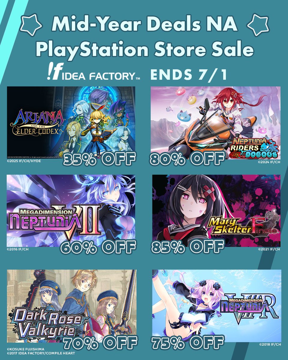 IdeaFactoryIntl's tweet photo. Check out Idea Factory International's games discounted for the Mid-Year Deals on the PlayStation Store!

[NA] Neptunia Riders VS Dogoos➡️80% OFF
[EU] Megadimension Neptunia VIIR➡️70% OFF

Sale ends 7/1 at 11:59pm PDT.

Head to the PlayStation Store to grab deals today! 🎮 https://t.co/jaksblTS54