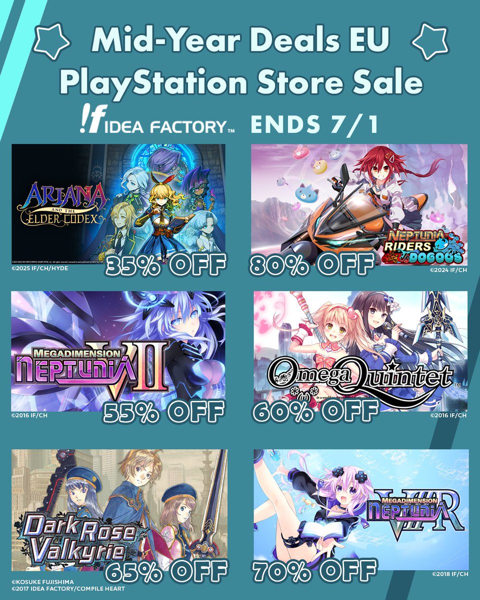 IdeaFactoryIntl's tweet photo. Check out Idea Factory International's games discounted for the Mid-Year Deals on the PlayStation Store!

[NA] Neptunia Riders VS Dogoos➡️80% OFF
[EU] Megadimension Neptunia VIIR➡️70% OFF

Sale ends 7/1 at 11:59pm PDT.

Head to the PlayStation Store to grab deals today! 🎮 https://t.co/jaksblTS54