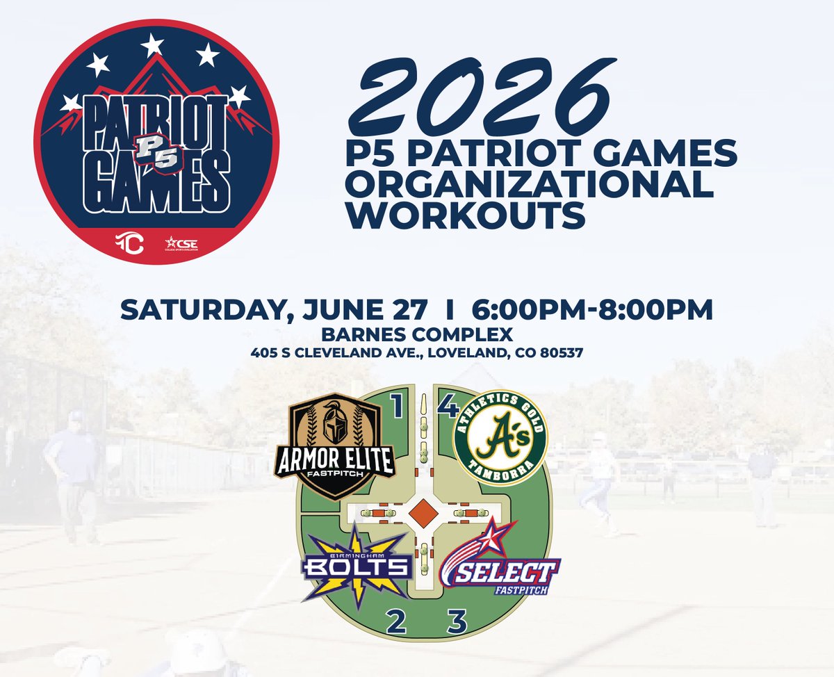 TCSFastpitch's tweet photo. Four organizations. Two hours. A whole lot of talent on display.

The 2026 P5 Patriot Games Organizational Workouts are happening June 27 at Barnes Complex in Loveland, and college coaches are invited to come watch.

Armor Elite Fastpitch, Birmingham Bolts, Athletics Gold Tamborra, and Select Fastpitch each take a field from 6:00 to 8:00 PM. Come see what's next.

📅 Saturday, June 27 | 6:00–8:00 PM 📍 Barnes Complex | 405 S Cleveland Ave, Loveland, CO 80537