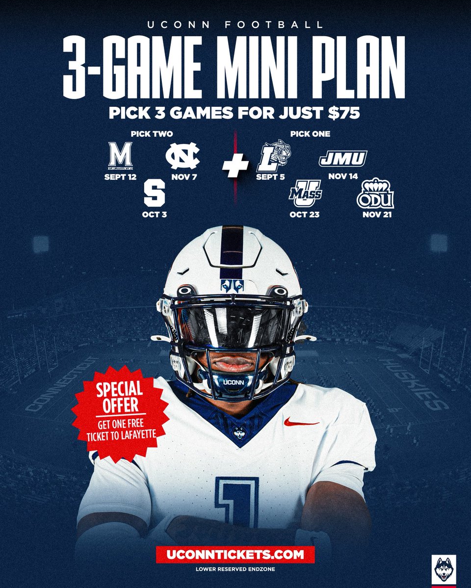 UConnHuskies's tweet photo. 3-Game Mini Plans are on sale now!

🏈 Purchase in the next 48 hours to take advantage of our Father’s Day Flash Sale and get one FREE ticket to the Lafayette game!

🎟️ Mini plans: https://t.co/NBlorqUWZr

🎟️ Season Tickets still available for best value: https://t.co/lkCzwtpwWn https://t.co/YWzaRy0l5D