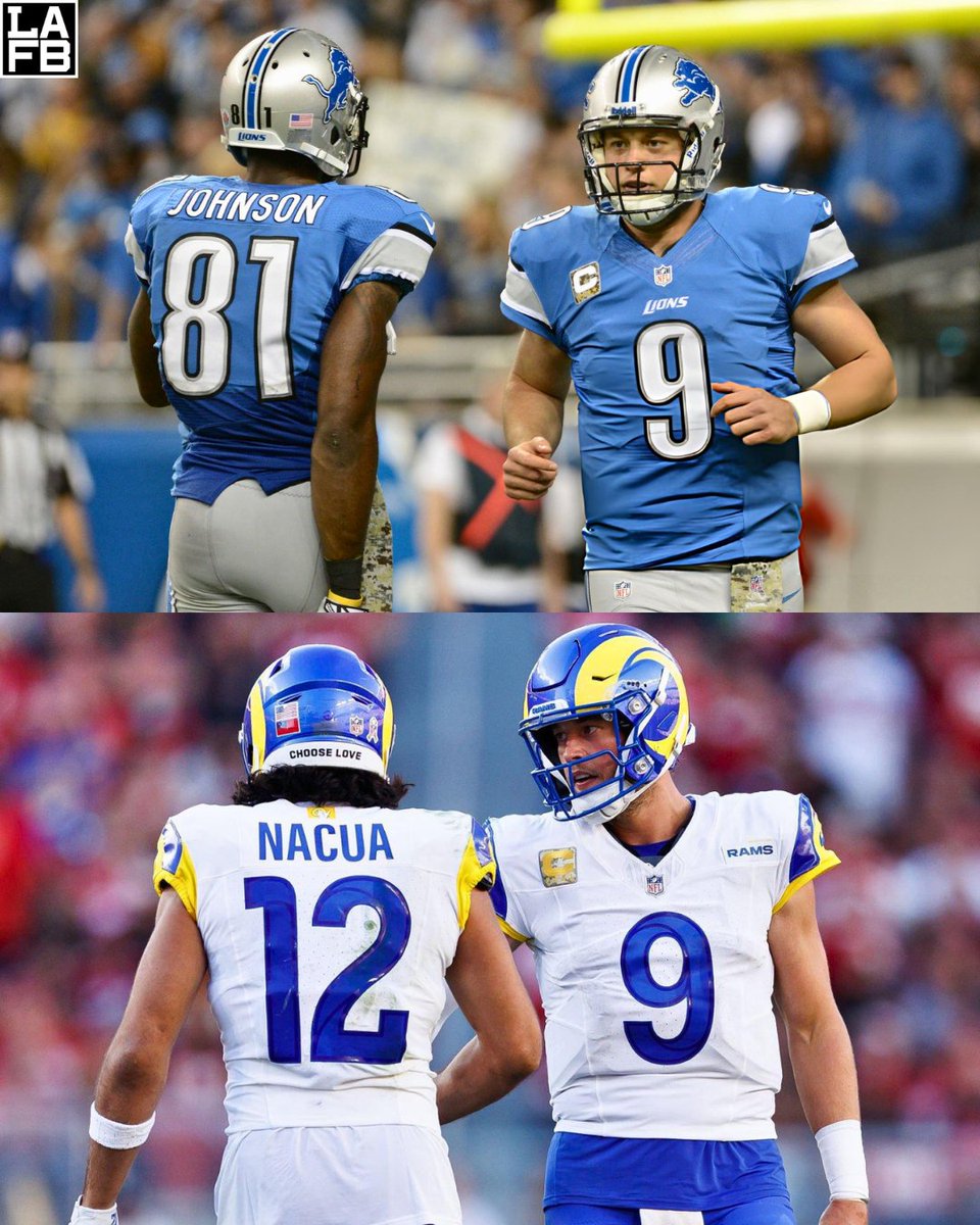 LAFBNetwork's tweet photo. Calvin Johnson believes Puka Nacua can break his single-season receiving yards record

"He's still got Matthew [Stafford], so I think he's got a shot"

Can Puka top 1,964 yards this season? https://t.co/Ietby3NQ6z