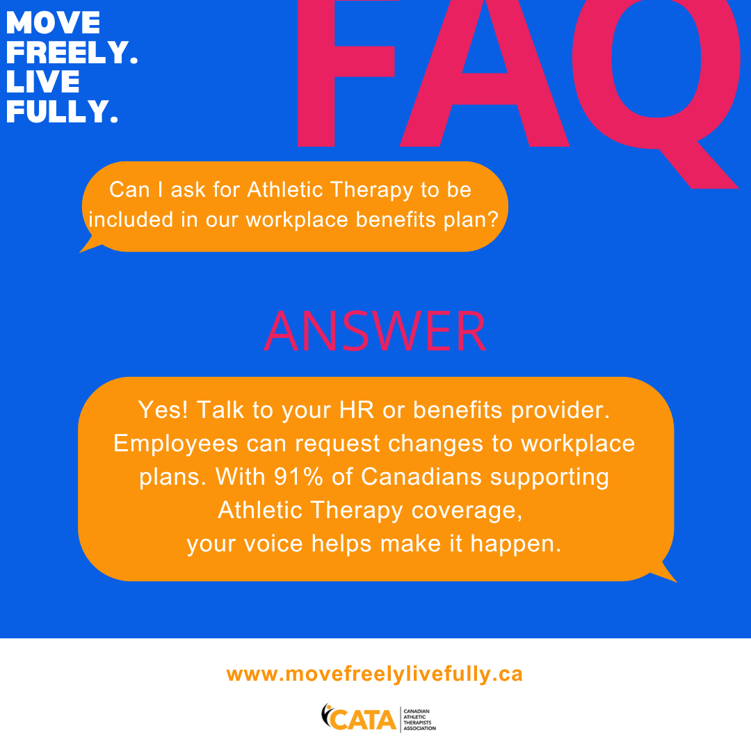 MoveFreelyCA's tweet photo. Can I ask for Athletic Therapy to be included in our workplace benefits plan? Yes! Talk to your HR or benefits provider. Employees can request changes to workplace plans.
With 91% of Canadians supporting Athletic Therapy coverage, your voice helps make it happen.
https://t.co/w4mB1DL1jt #AthleticTherapy #EmployerBenefits #HR