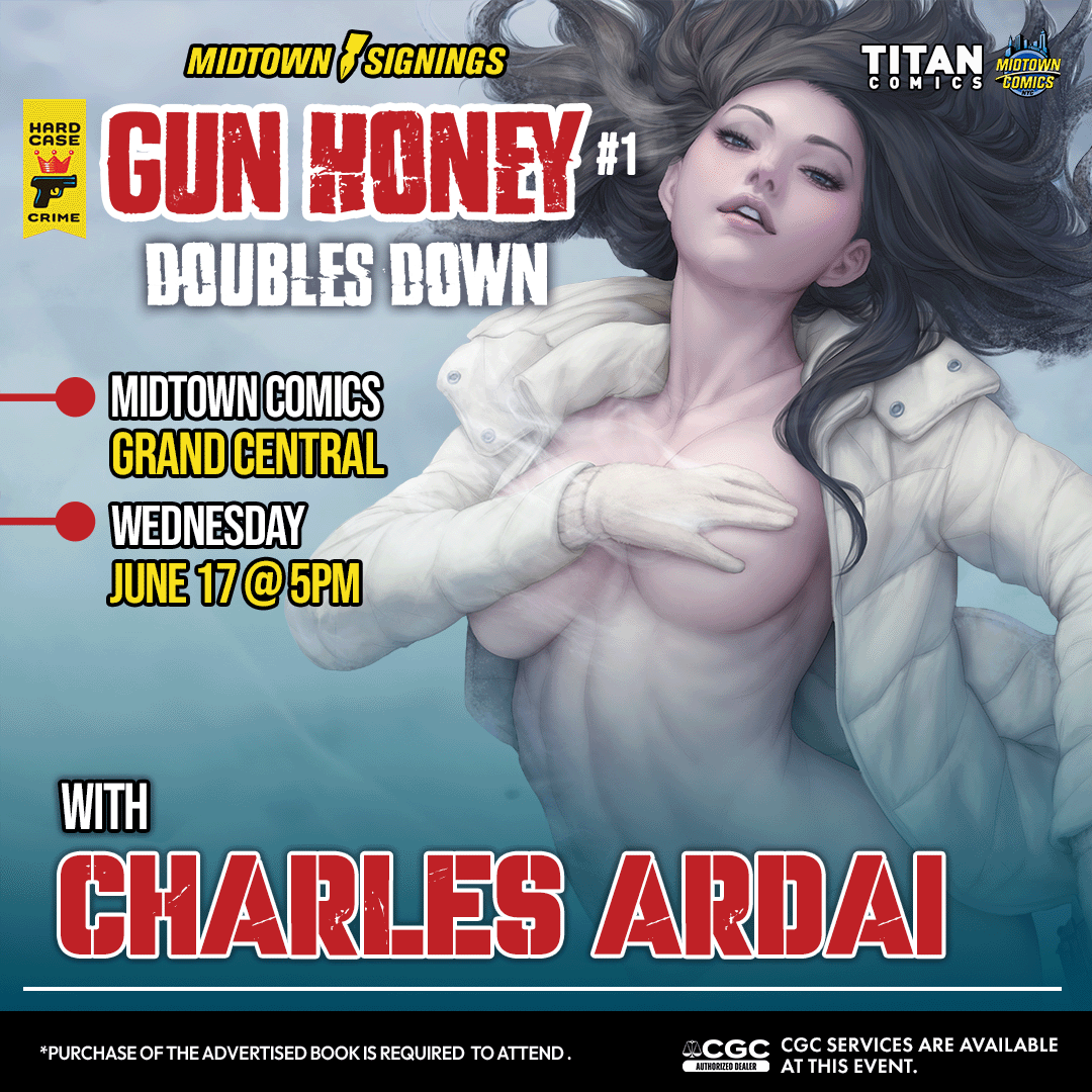 MidtownComics's tweet photo. TODAY AT 5 PM!

🎯 Get ready to aim for excitement, comic fans! Join us on WED JUN 17th at our Grand Central shop for a signing with the mastermind behind *Gun Honey Doubles Down #1*, Charles Ardai! 🖊️

🕵️‍♂️ **WHO:** Charles Ardai  
📍 **WHERE:** Midtown Comics GRAND CENTRAL  
🕐 **WHEN:** WED JUN 17th @ 5 PM  
📚 **WHAT:** Signing for *Gun Honey Doubles Down #1*  

**The Mission (aka Rules):**  
✨ Purchase any cover of *Gun Honey Doubles Down #1* at our Grand Central location on signing day (don’t worry, we’ve got plenty of ammo—uh, we mean copies!).  
✨ You can bring ONE item from your personal collection for signing.  
✨ All other items must be purchased during the event or from Midtown Comics (receipt required).  
✨ Up to 3 items can be signed—let’s keep it classy, 007!  
✨ Arrive early to secure your spot in line!  
✨CGC limited to IN-STORE ONLY
✨ Photos with Charles? Absolutely, with his consent!  

Can’t make it in person? No problem! Join us LIVE on Whatnot at the same time! Ask Charles your burning questions, snag some freebies, and get a book signed LIVE on camera—shipped right to your door! 📦

Download the Whatnot app and find @ MidtownComics! 

Let’s make this signing a license to thrill! See you there! 🎉

@CharlesArdai #TitanComics #MidtownComics #GunHoney #HardCaseCrime #CharlesArdai