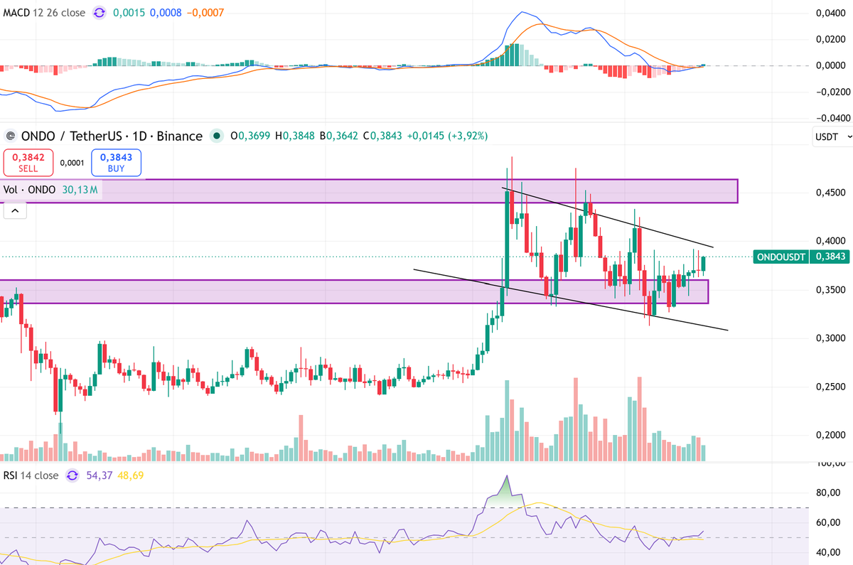 BetinhoCrypto's tweet photo. 🚨 $ONDO peacefully growing inside the flag!

$ONDO continues to hold the support perfectly and is starting to play the price action we were waiting for.

The bull flag breakout area is around 0.40, and we are currently going to test this important level.

Once the breakout confirms, I see two possible bullish scenarios:

A rejection around 0.45, followed by a retest of the bull flag breakout area to confirm the structure.

Or a clean breakout above 0.45, then a retest of this level to validate the 45-day range that $ONDO has been building.

In both cases, the structure remains bullish and could prepare the next expansion phase.

The accumulation phase has been long, support is holding, and momentum is slowly building.

$ONDO will send it 🚀