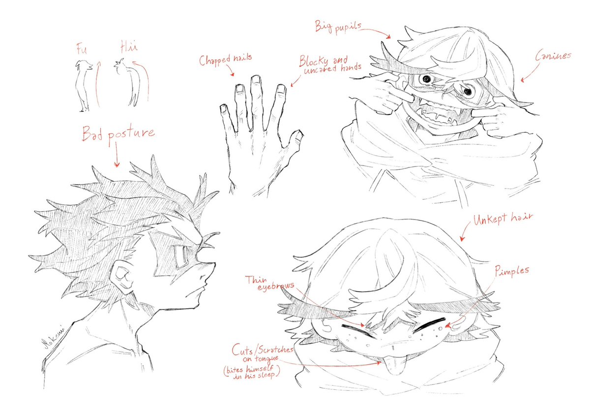_mokewi2's tweet photo. Yes anon! Art is a bit old; bad posture (leaning backwards), blocky and uncared hand, chopped/bitten nails, usually dilated pupils, unkept hair, cuts/scratches on his tongue, very thin eyebrows (or none), pimples underneath “mask” and bangs, redness under eyes, canines, >> https://t.co/fq94BdtjcC