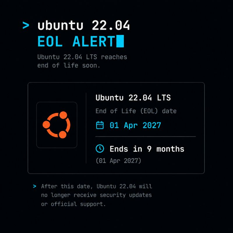 cajdavidson's tweet photo. Ubuntu 22.04 is EOL at the end of April next year, if you have servers running this then you need to start thinking about your plan for upgrading or migrating them to Ubuntu 24.04/26.04 now, 9 months will soon pass and then you're at risk (or will have to pay for Ubuntu Pro to get additional security patches)