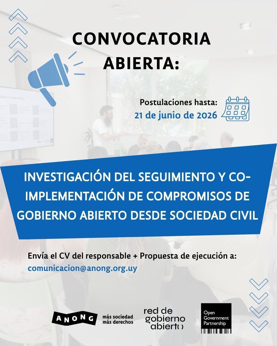 DATAuy's tweet photo. ⌛ Hasta este domingo 21/06 está abierta la convocatoria de @anonguruguay para financiar sistematización del seguimiento del 6º Plan de Acción de Gobierno Abierto.

📥 Mandá correo con CV de responsable y una propuesta de ejecución de 1 carilla.

Más info: https://t.co/Xb1Rr3qnkR https://t.co/WBlZIuIe0c