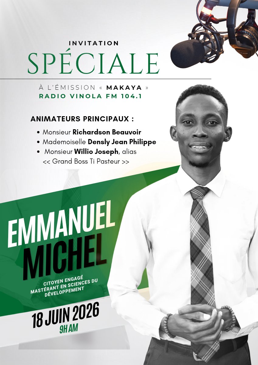 ME_Candor's tweet photo. Rendez-vous ce jeudi 18 juin à 9h00 AM sur Radio Vinola FM 104.1, dans l'émission #MAKAYA.
Nous échangerons sur l'actualité, le développement et l'engagement citoyen.
Écoutez en direct : https://t.co/rvFe7NXXiz
Au plaisir de vous retrouver sur les ondes !

#AyitiDemenAnPosib https://t.co/L4EdHREw0k