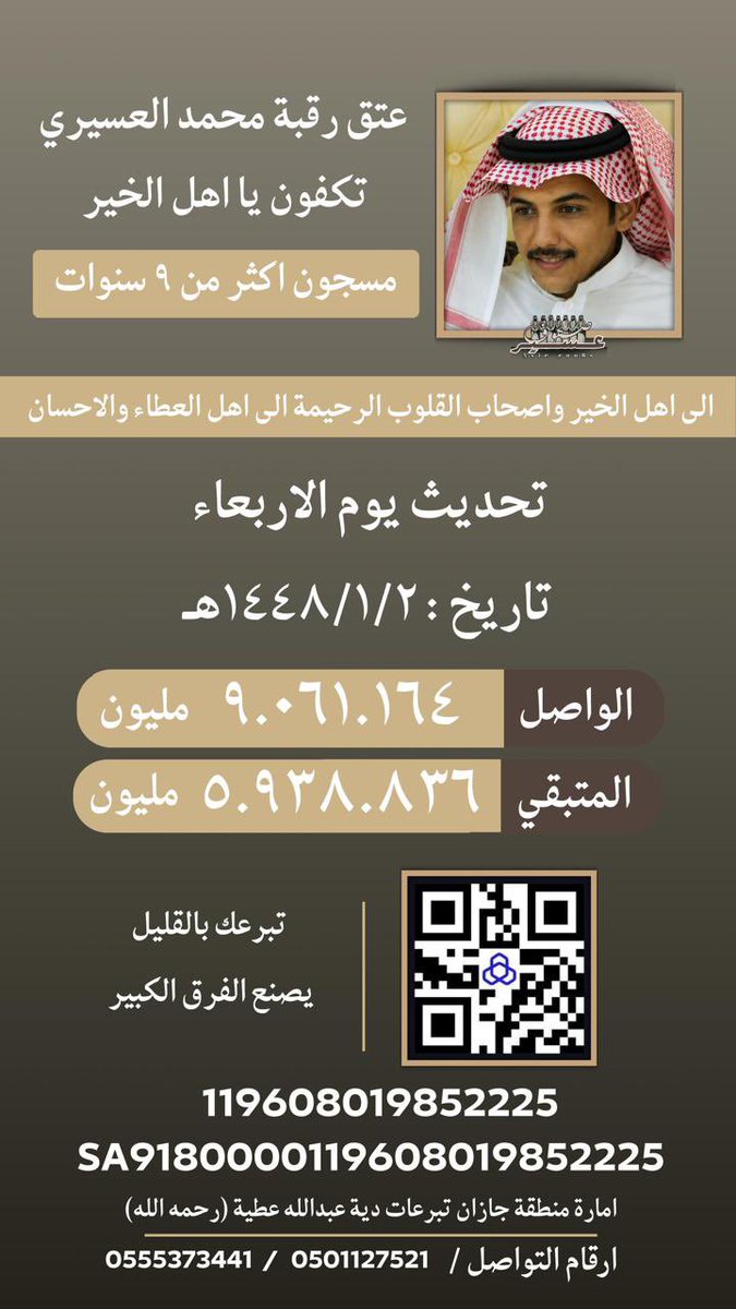 aliasiri474's tweet photo. أناشد كل قلبٍ رحوم ، وكل نفسٍ إنسانيّة ، وكل من جعل الله في قلبه رحمةً للضعفاء أن تقفوا وقفة حق، وتمدّوا يد العون ، فالله لا يضيع أجر من أحسن عملاً.

هناك أمٌ مكلومة، وقلوبٌ بريئة تنتظر الفرج، وأملٌ معلّق بعد الله على نخوتكم وفزعتكم.
اللي يقدر يساعد لا يتأخر، واللي ما يقدر يكفيه الدعاء والنشر فالدالّ على الخيركفاعله @fayez_malki @AzizbagBag  @rajhiabdlmohsen @Ahmed_S_Alrajhi @Alwaleed_Talal "#عتق_رقبة_محمد_احمد_عسيري