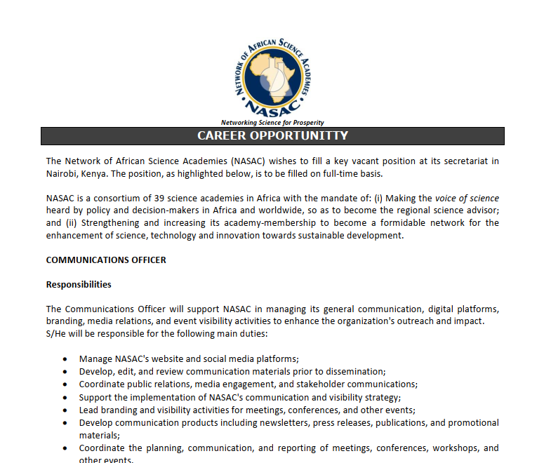 NASAC_AFRICA's tweet photo. 📢 We're Hiring!

NASAC is seeking a Communications Officer to join its Secretariat in Nairobi, Kenya.

Passionate about communications, digital engagement, media relations, and event visibility? Apply now.
https://t.co/tReLJaiXMd

#Hiring #CommunicationsOfficer https://t.co/Hb2ma5vgvG