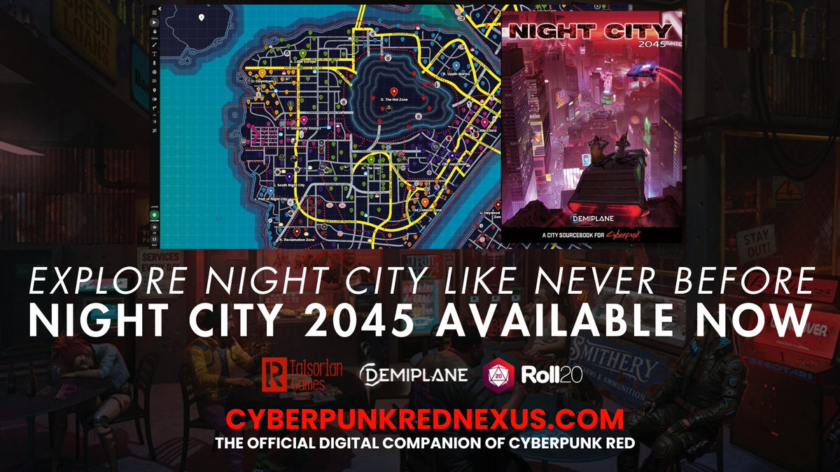 DemiplaneRPG's tweet photo. Now Available from @RTalsorianGames!

🦾 Night City 2045 has arrived! 

🏙️ 600+ locations, 99 NPCs, and much more!

📍Unlock on Demiplane &amp; get a FREE @roll20app Map Add-On filled with map pins &amp; info to use to survive Night City!

➡️ Explore Night City: https://t.co/99AUz8EIZ9 https://t.co/5ROxcVnYZg