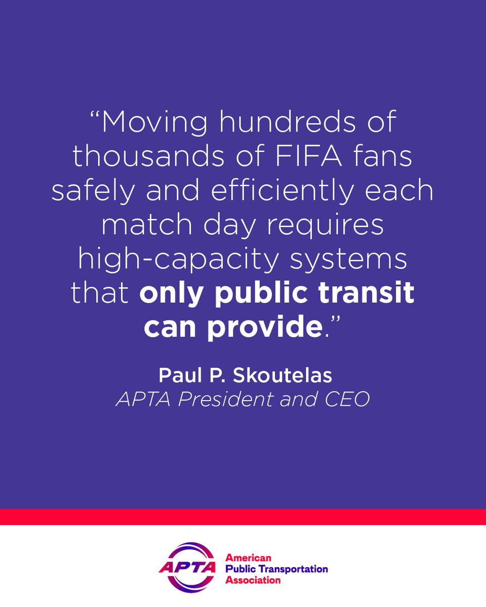 APTA_info's tweet photo. Without public transportation, America’s @FIFAWorldCup wouldn’t be possible. 🚌 ⚽🚃

APTA CEO Paul P. Skoutelas discussed how public transit keeps fans moving, local economies growing, and communities connected – on matchdays and beyond.

Learn more > https://t.co/wwyu0QoswC https://t.co/VAK123X4Aq