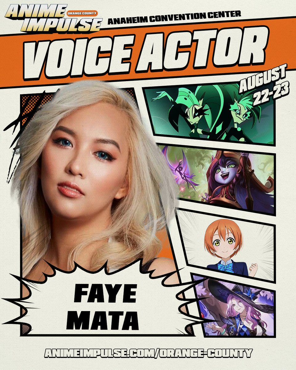 animeimpulse's tweet photo. Voice actor Faye Mata (@FayeMata) coming to ANIME Impulse Orange County! 🎙️

Meet her August 22–23 at the Anaheim Convention Center.

Tickets: https://t.co/GktU3svUW4

#ANIMEImpulse #AIOC26 #AnimeConvention https://t.co/jIvFNXTrdK