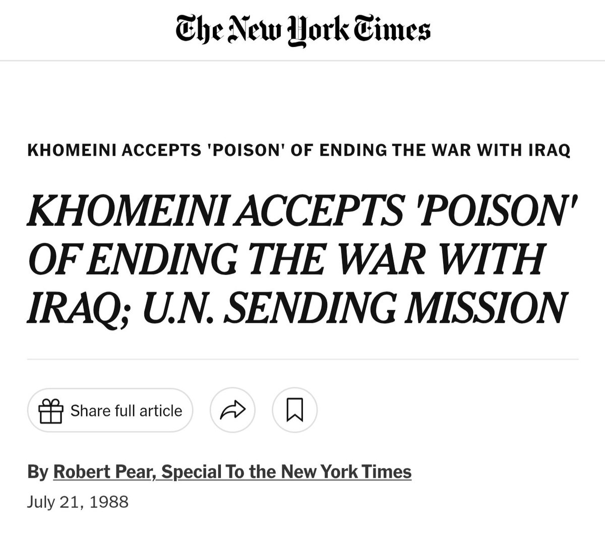 TalAbdulrazaq's tweet photo. Iraq is the only country in the modern era to force Iran to sign a ceasefire they didn't want &amp; drink from the "poisoned chalice" of defeat.

This is why they worked with the US to destroy Iraq.

Now, the US has failed to do in 2026 what Iraq successfully did militarily in 1988. https://t.co/II0x7NlQ5V
