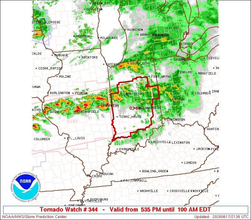 NWSSPC's tweet photo. 4:39pm CDT #SPC_Watch WW 344 TORNADO IN 172135Z - 180500Z, #inwx, https://t.co/CFUm1X6Cl3 https://t.co/hxZcQLDwAU