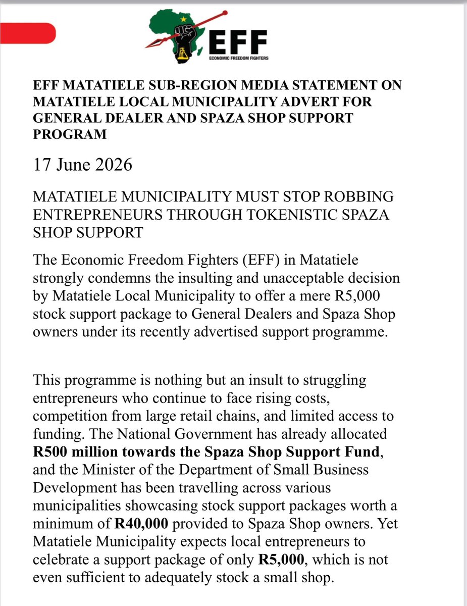 madlomo37's tweet photo. EFF MATATIELE SUB-REGION MEDIA STATEMENT ON MATATIELE LOCAL MUNICIPALITY ADVERT FOR GENERAL DEALER AND SPAZA SHOP SUPPORT PROGRAM

#EFFMatatieleSubregion 
#RegisterToVoteEFF2026 https://t.co/rIUiPhEicB