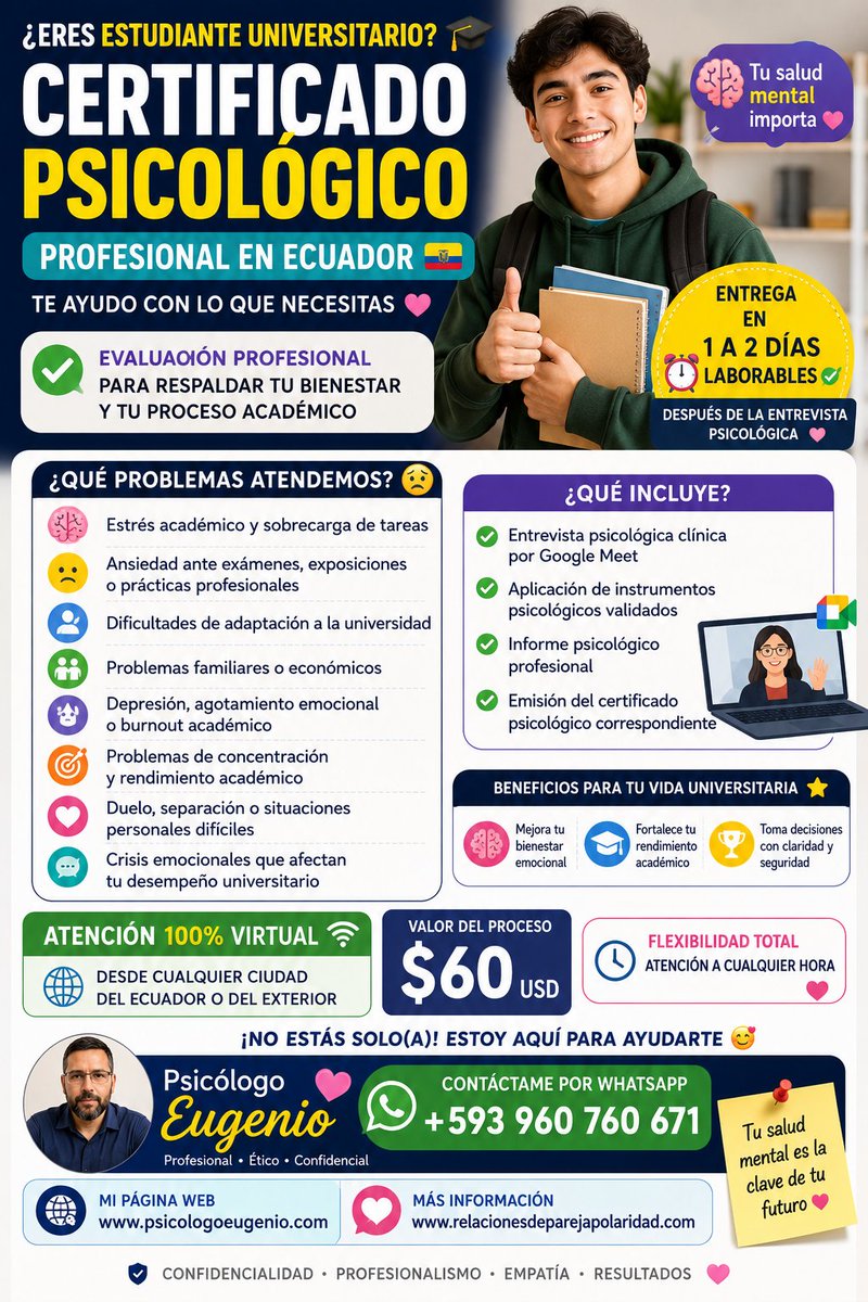 E31291Psicologo's tweet photo. 🧠 #CertificadoPsicologico #CertificadoPsicologicoUniversitario #PsicologiaEcuador #EstudiantesUniversitarios #SaludMentalUniversitaria #AnsiedadAcademica #EstresAcademico #InformePsicologico #PsicologoOnline #GoogleMeet #PsicologoEcuador #BienestarEmocional #SaludMental https://t.co/gw7GSBfBIU