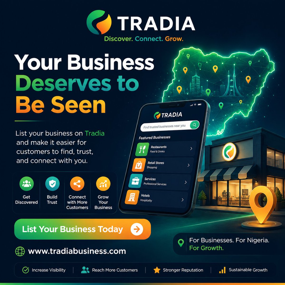 tradiabusiness's tweet photo. Your business deserves to be seen.

List your business on Tradia and make it easier for customers to find, trust, and connect with you.

Visit https://t.co/mHRwMP7SLP today.

#Tradia #NigeriaBusiness #BusinessDirectory #GrowDigitally https://t.co/UmnTkWXeJR