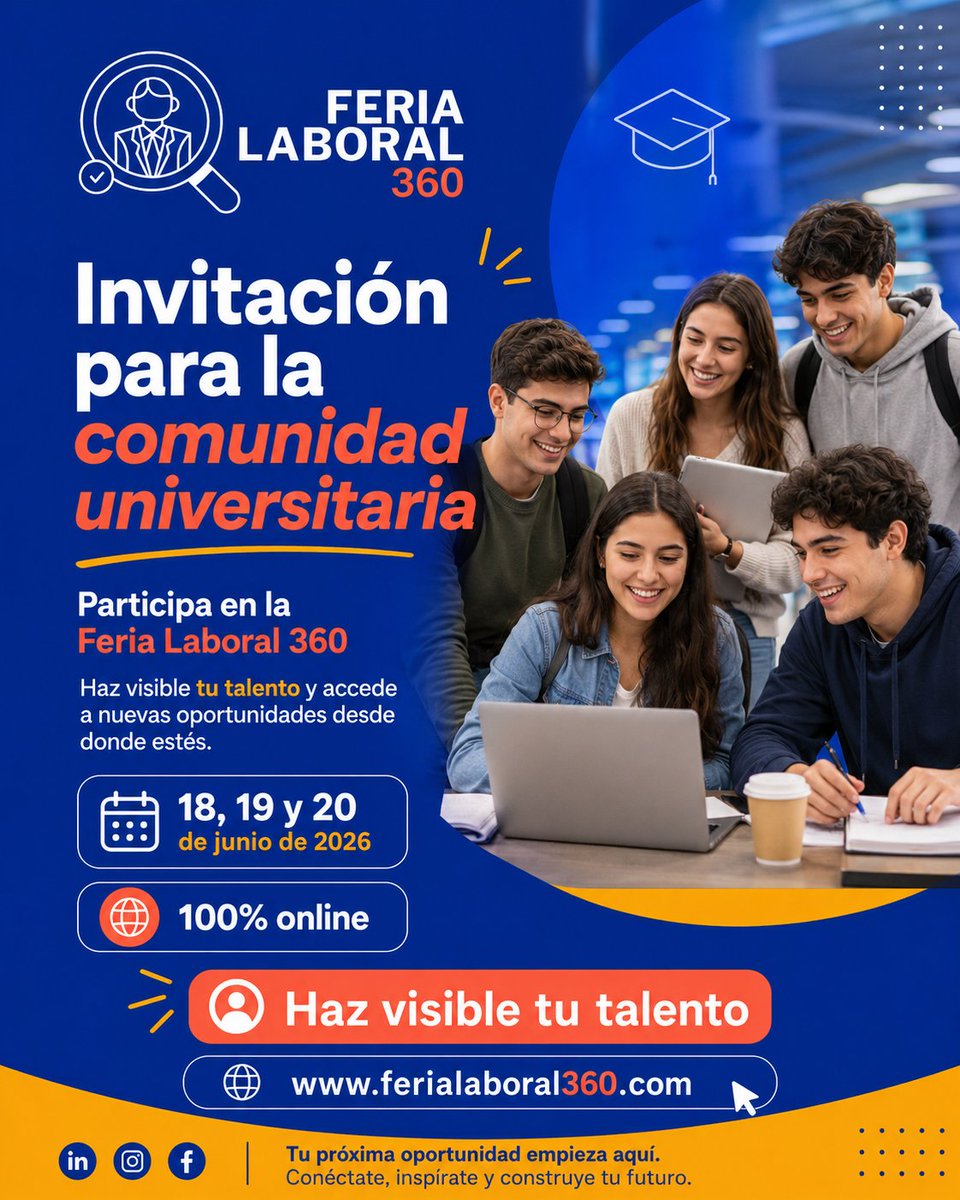 UTPLAlumni's tweet photo. 🚀 La #FeriaLaboral360 ya comenzó.

Conecta con empresas, descubre oportunidades y haz visible tu talento en una experiencia 100 % online.

📅 18, 19 y 20 de junio de 2026
🌐 https://t.co/SIQsHiikq3
💼 Tu próxima oportunidad puede empezar hoy. https://t.co/uUWKJ7ypCE