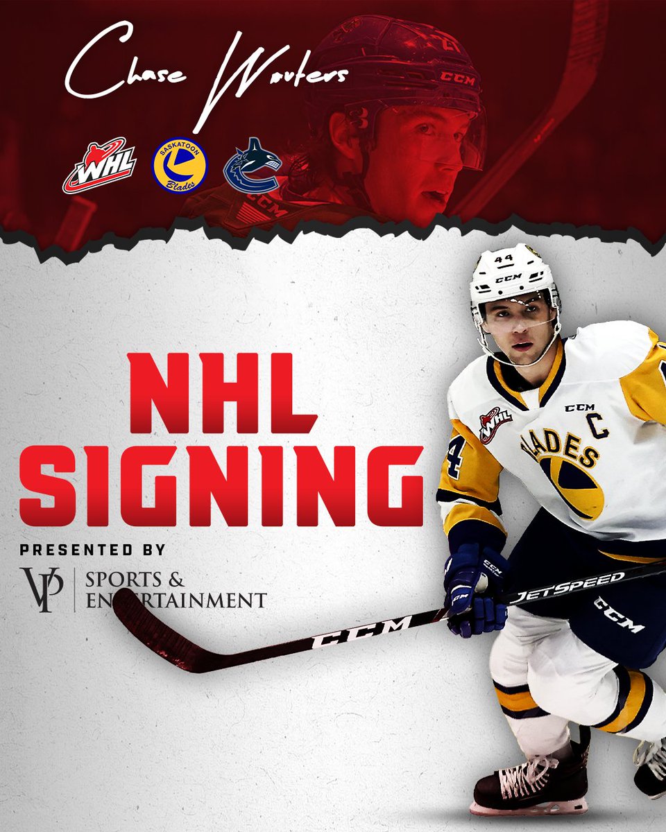 TheWHL's tweet photo. 🚨FIRST NHL CONTRACT ALERT🚨

VP Sports &amp; Entertainment presents: The @Canucks have signed former @BladesHockey star Chase Wouters to a one-year, two-way contract!

📝 | https://t.co/rV4qAy0MMY

#WHLtoNHL | #VPSportsWealth https://t.co/sIMUQZRPYN