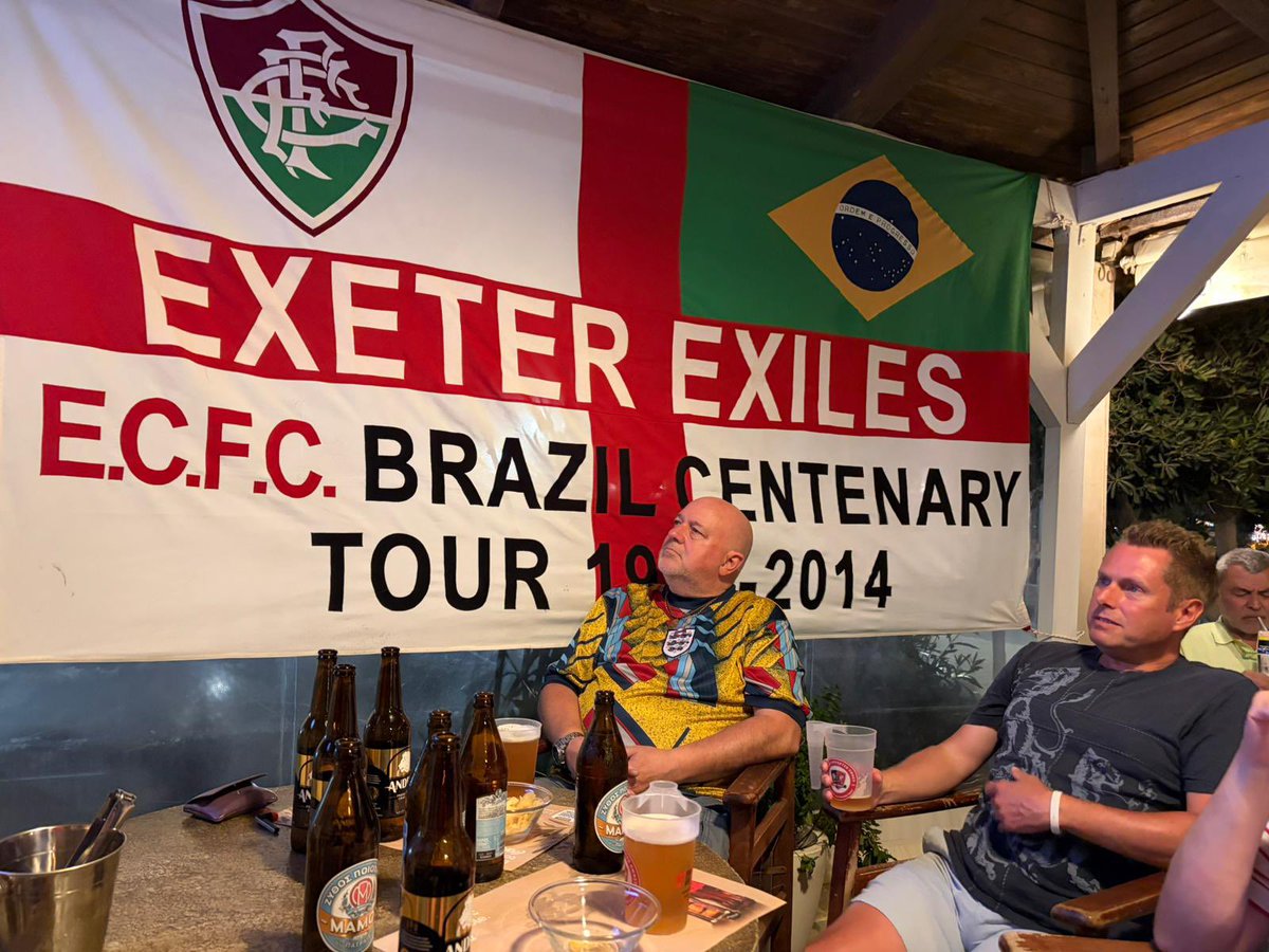 OfficialECFC's tweet photo. 🌍 Grecians on Tour in Andros, Greece 🇬🇷 

The exiles are in Greece for the 1️⃣9️⃣th year in a row and are backing England tonight!

#ECFC #SemperFidelis https://t.co/QUjHB3YZS9