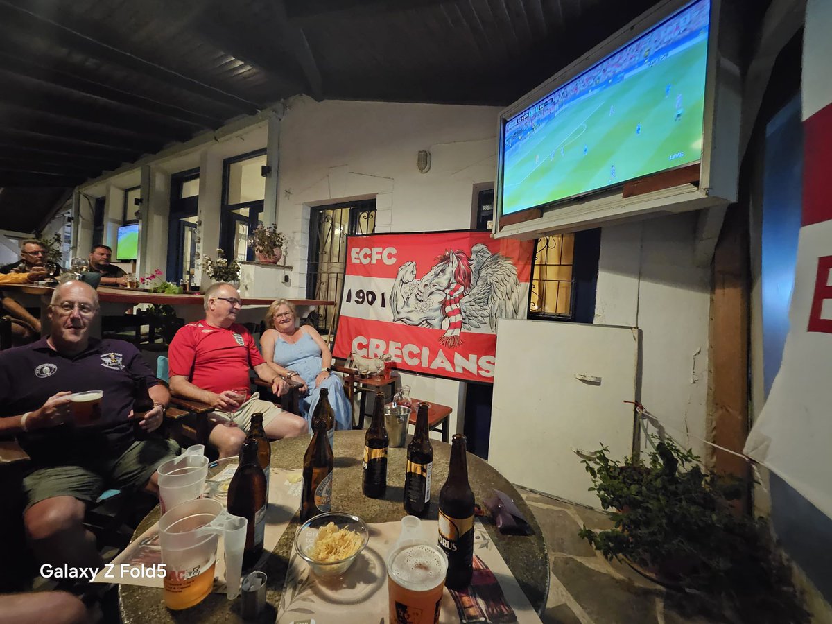 OfficialECFC's tweet photo. 🌍 Grecians on Tour in Andros, Greece 🇬🇷 

The exiles are in Greece for the 1️⃣9️⃣th year in a row and are backing England tonight!

#ECFC #SemperFidelis https://t.co/QUjHB3YZS9