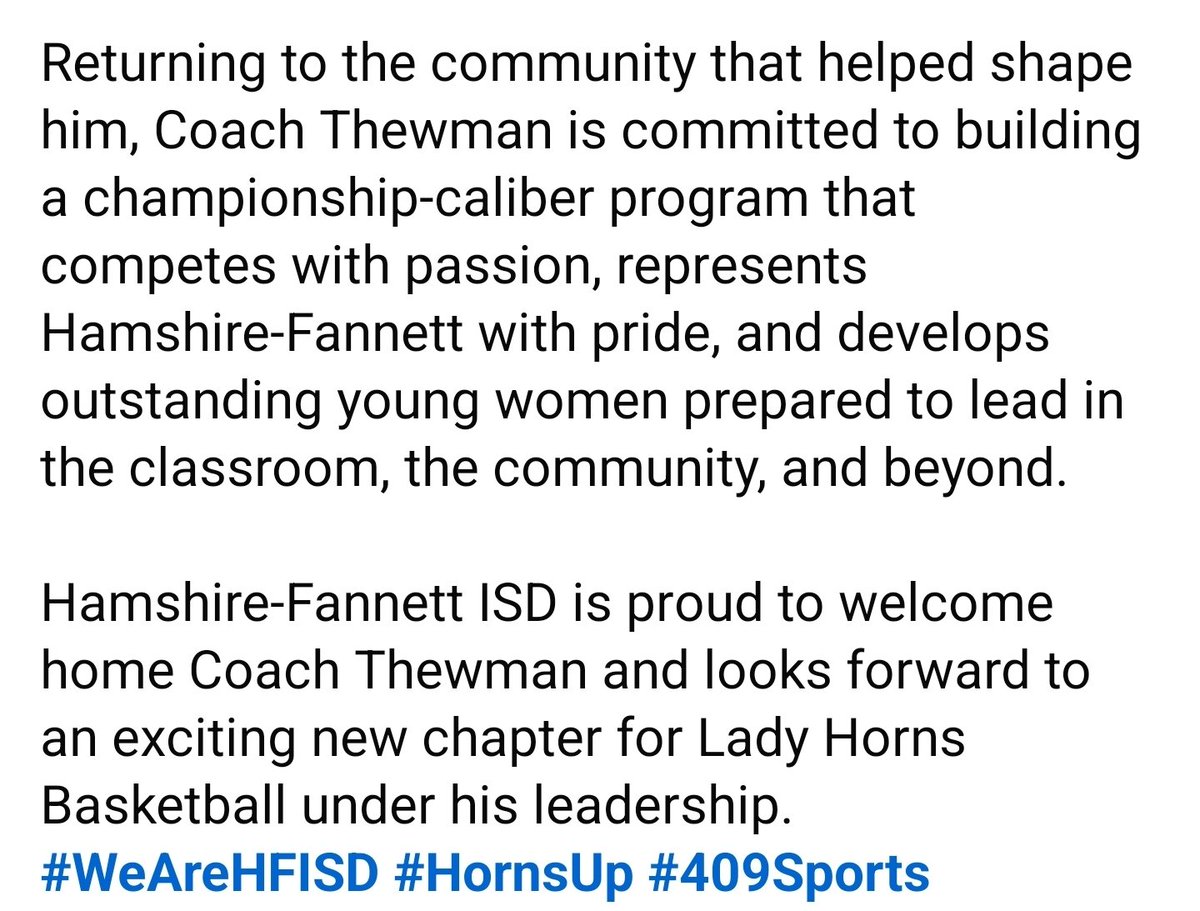 HFISD_Longhorns's tweet photo. π A New Era for Lady Horns Basketball!
Hamshire-Fannett ISD welcomes HFHS alumnus Dr. Brock Thewman, Ed.D., as the new Head Girls Basketball Coach.
#WeAreHFISD #HornsUp #409Sports
*Full press release pictured below https://t.co/PCbebqQeSs