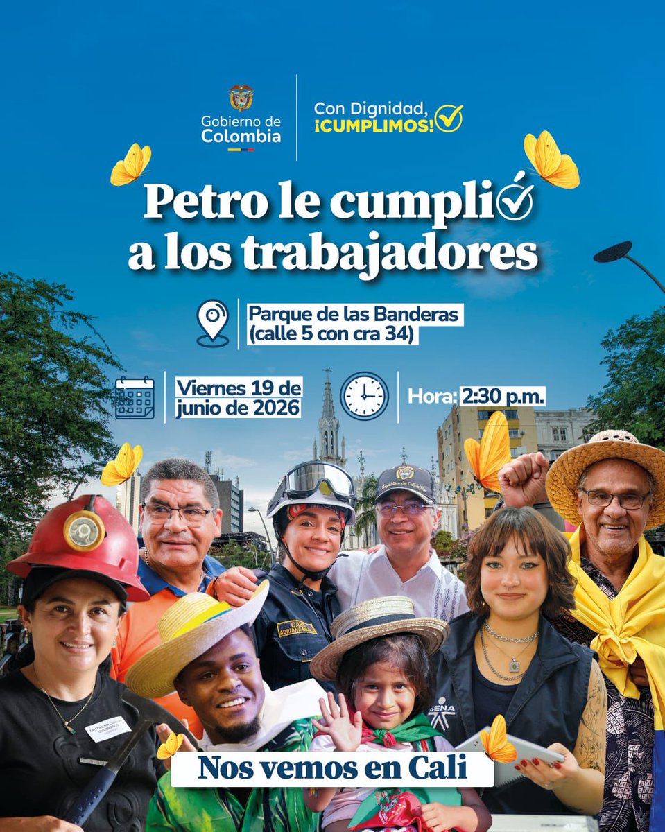 MincomercioCo's tweet photo. 📢 Cali será escenario para celebrar una conquista de los trabajadores y trabajadoras de Colombia.

#ConDignidadCumplimos
Este viernes nos reunimos para compartir un momento histórico que fortalece los derechos laborales y reafirma el compromiso con una Colombia más justa y con más oportunidades para todos.

📍 Parque de las Banderas
📅 19 de junio de 2026
🕝 2:30 p. m.

¡Nos vemos en Cali! 🇨🇴✊🏽