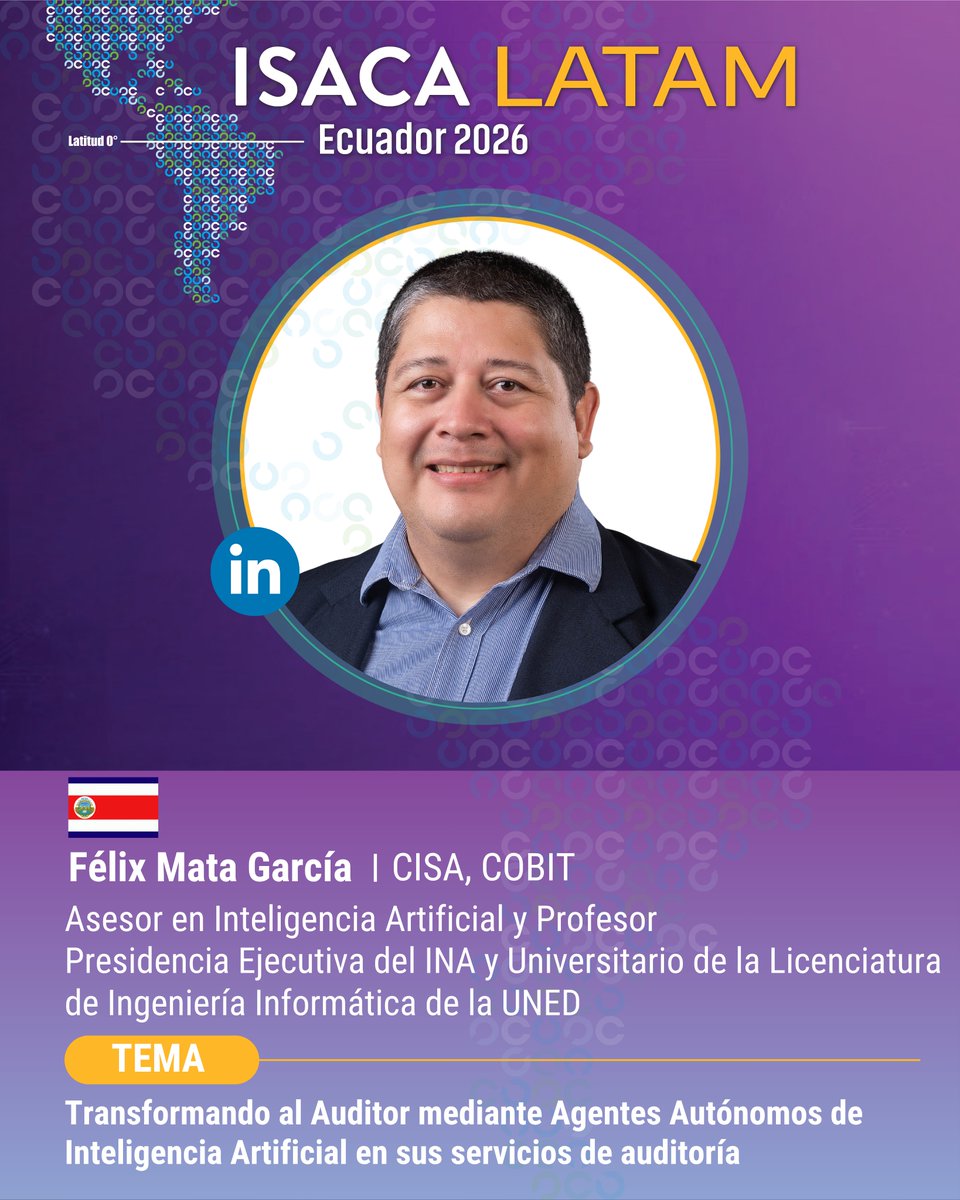 ISACAQuito's tweet photo. #ISACALATAM2026 | 🌎

🇨🇷 Felix Mata Garcia, UNED.
🇩🇴 Rosa Damaris Díaz, Banco de Ahorro y Crédito Cotuí.
🇵🇦 Miguel Saavedra - CISA, CGEIT, CISM, CRISC, CDPSE, AAIA, CSX-A.

📍 Quito | 9 al 11 de septiembre.

🎟️ Entrada: https://t.co/6PE5GLJ6Um

📩 Inf: https://t.co/Iu1FxVKhbr https://t.co/9MJ49x8w2i