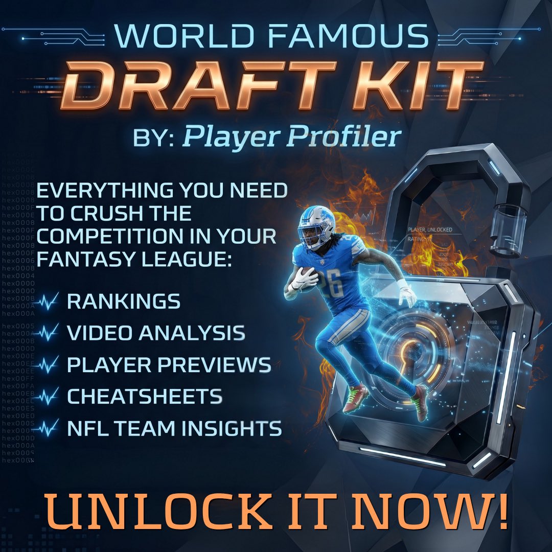 rotounderworld's tweet photo. The WORLD FAMOUS PlayerProfiler 2026 Draft Kit is HERE! 🔥

300 player rankings, projections, auction values, and write-ups for every league format!

Oh, and in-depth breakdowns of all 32 NFL Teams!

Check it out NOW 🏃‍♂️💨 https://t.co/lxCc9cbGHo