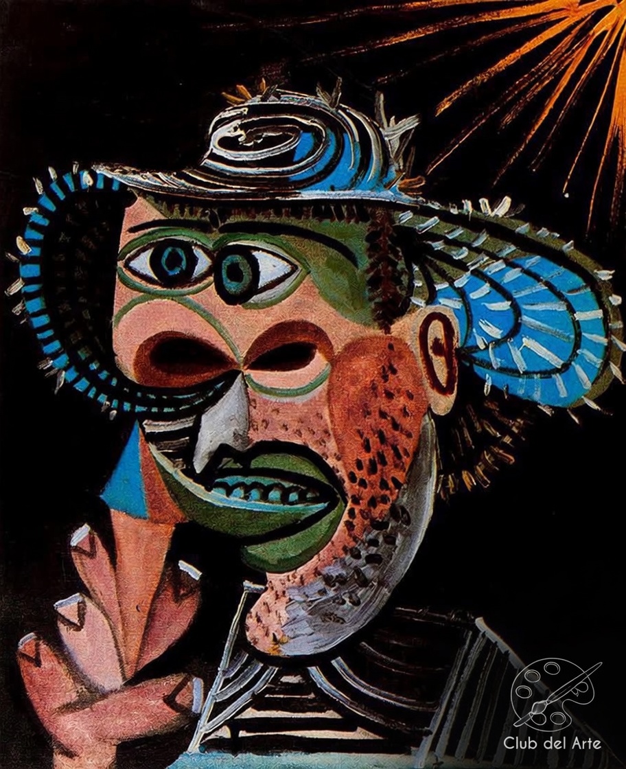 Arteymas_'s tweet photo. "Hombre con sombrero de paja" es una pintura al óleo sobre lienzo de 61 x 50 cm, creada por Pablo Picasso en 1938. 

Esta icónica obra destaca por pertenecer a su etapa de primitivismo o arte ingenuo (Naïve). 

En ella, el artista fusiona la realidad con lo surrealista, utilizando colores vibrantes y una técnica que mezcla la abstracción con la figuración.

Un aspecto fascinante de este cuadro es que funciona como un guiño y un juego visual con la obra de grandes maestros de la pintura, rindiendo un homenaje juguetón a figuras históricas como Vincent van Gogh.