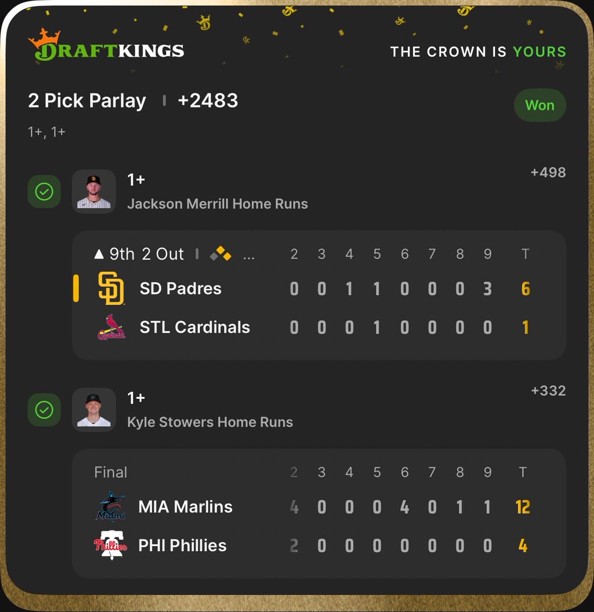SharpOnHRs's tweet photo. 🚨 CASH IT 🚨

Jackson Merrill HR (+498) ✅
Kyle Stowers HR (+332) ✅

2 picks.
2 homers.
+2483 CASHED. 💰⚾️

Told you not to sleep on the straight bets.

Appreciate everyone who tailed. More bombs loading for tomorrow. 🚀

#TheHomerHub #MLB #HomeRunPicks #DingerPicks #MLBBetting https://t.co/tvTnUY9OFJ